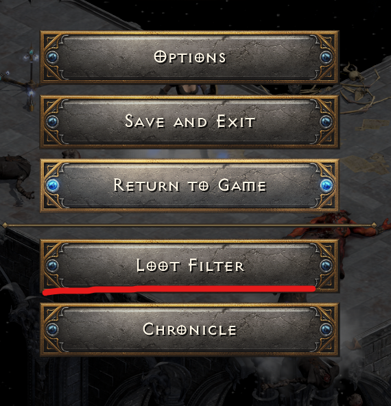 D2R escape menu showing Loot Filter button