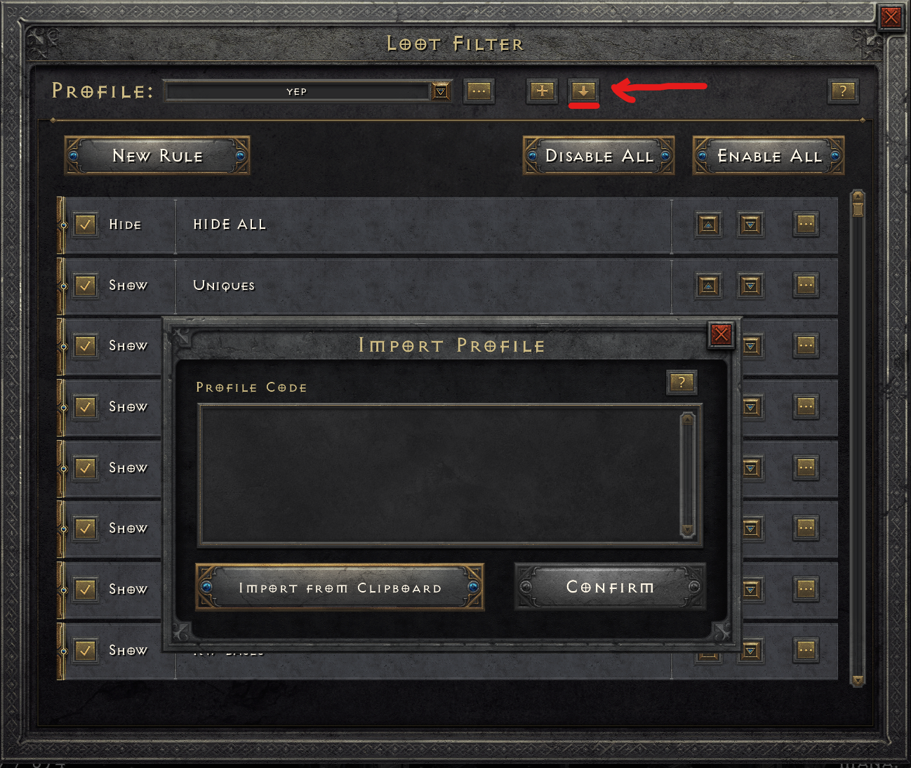 D2R loot filter screen with import button highlighted