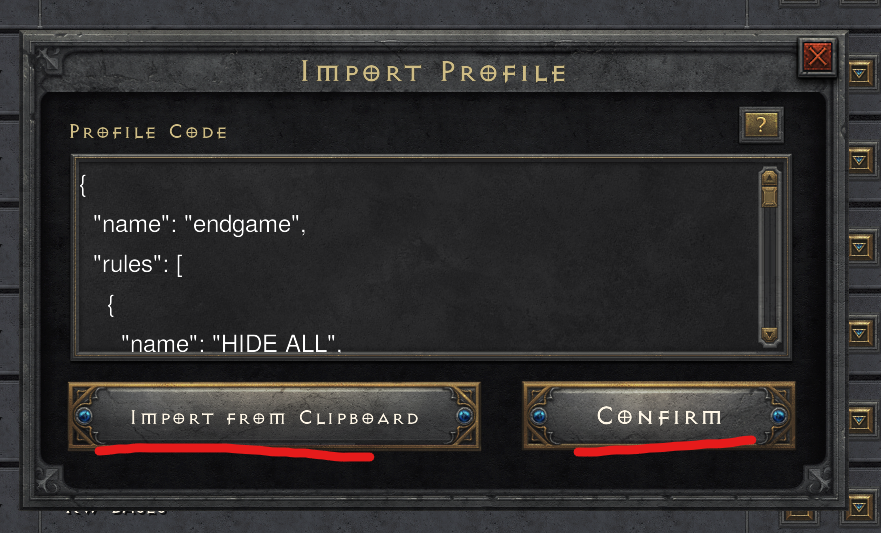 D2R import profile dialog with JSON pasted and Import from Clipboard button